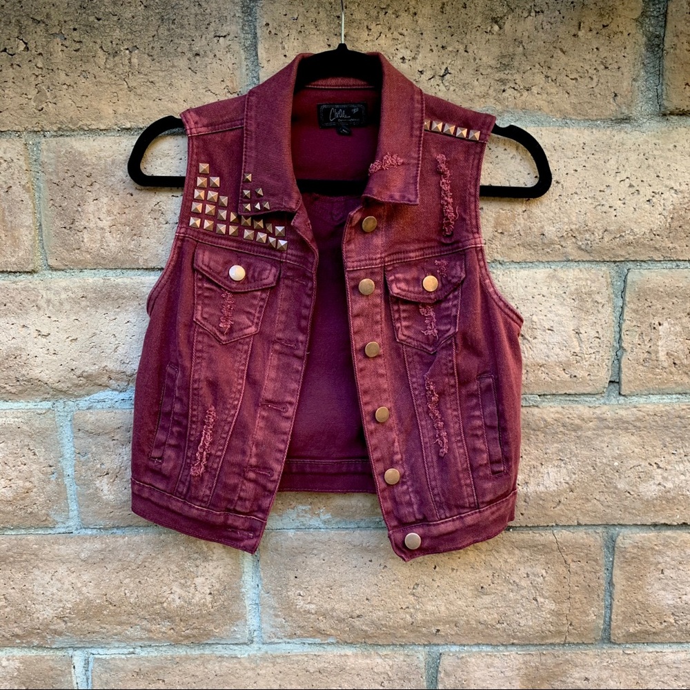 Burgundy denim studded vest